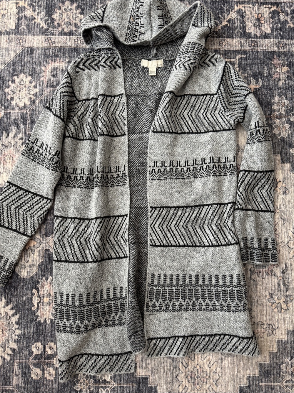Hooded Gray Patterned Open-Front Cardigan Sweater